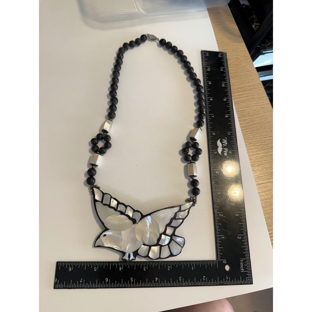 Vintage Mother of Pearl Bird Pendant Necklace Black Beaded Shell Inlay Statement